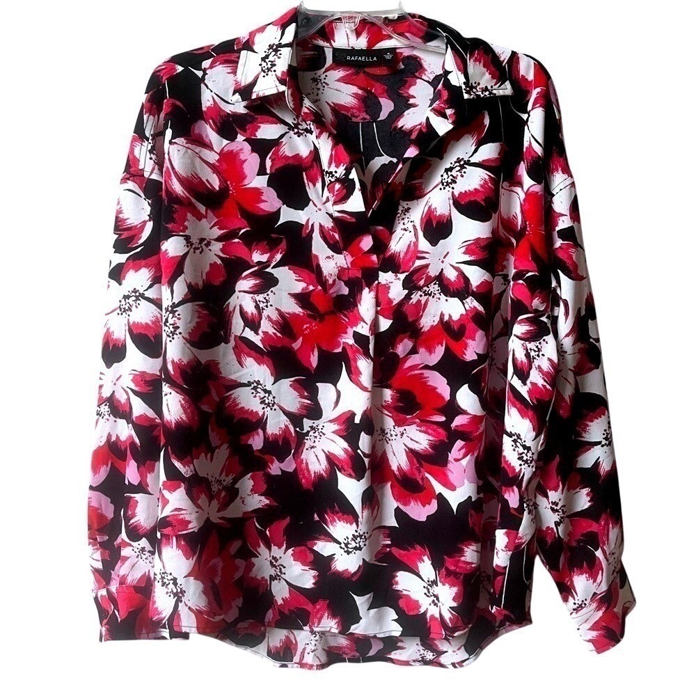 Rafaella Womens Floral Split Neck Long Sleeve Blouse Pink Black Medium NWOT